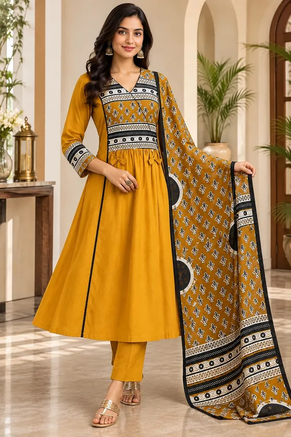 Mustard_Cotton_Printed_Anarkali_Kurti_Set_For_Women