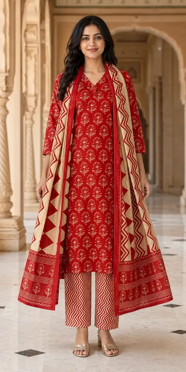 Red_Cotton_Straight_Floral_Print_Kurti_Set_For_Women
