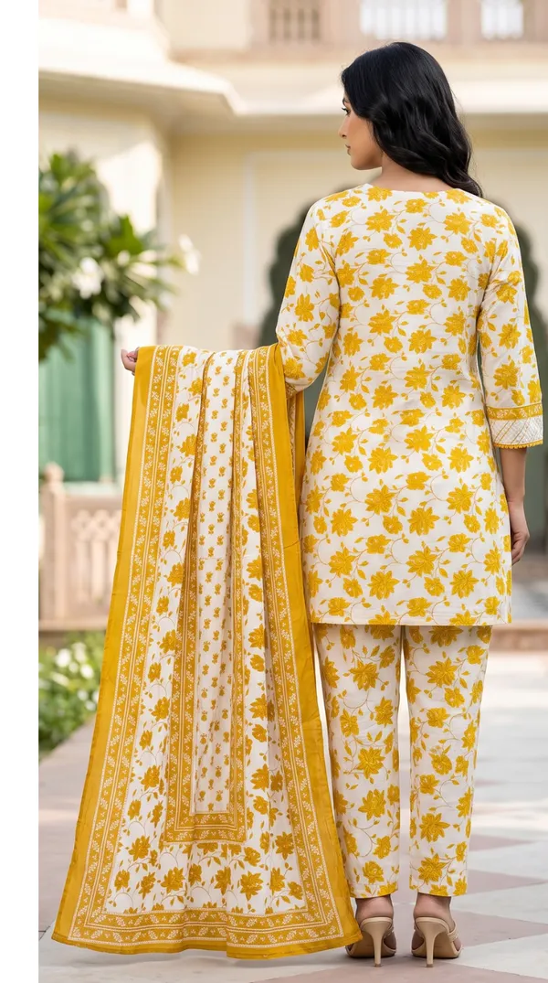 Yellow_Cotton_Straight_Floral_Print_Kurti_Set_For_Women