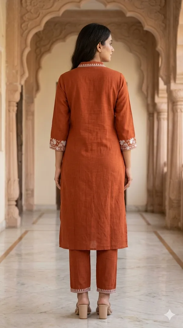 Rust_Cotton_Embroidered_Straight_Kurta_Co-Ord_Set_For_Women