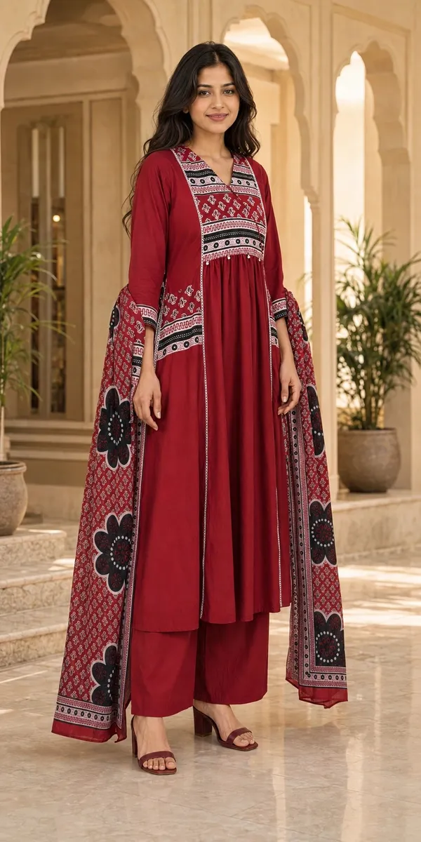 Red_Cotton_Printed_Flared_Kurti_Set_For_Women