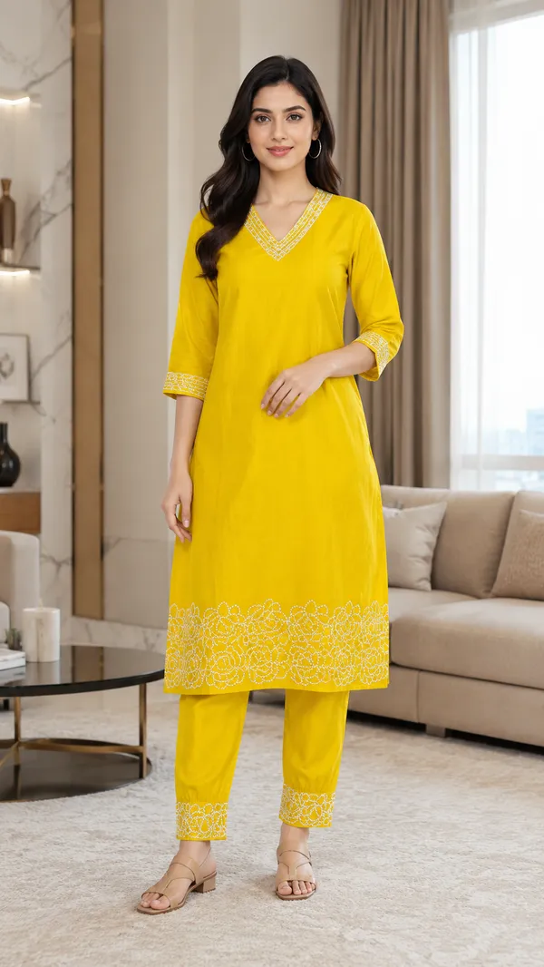 Yellow_Cotton_Straight_Embroidered_Kurta_Co-Ord_Set_For_Women