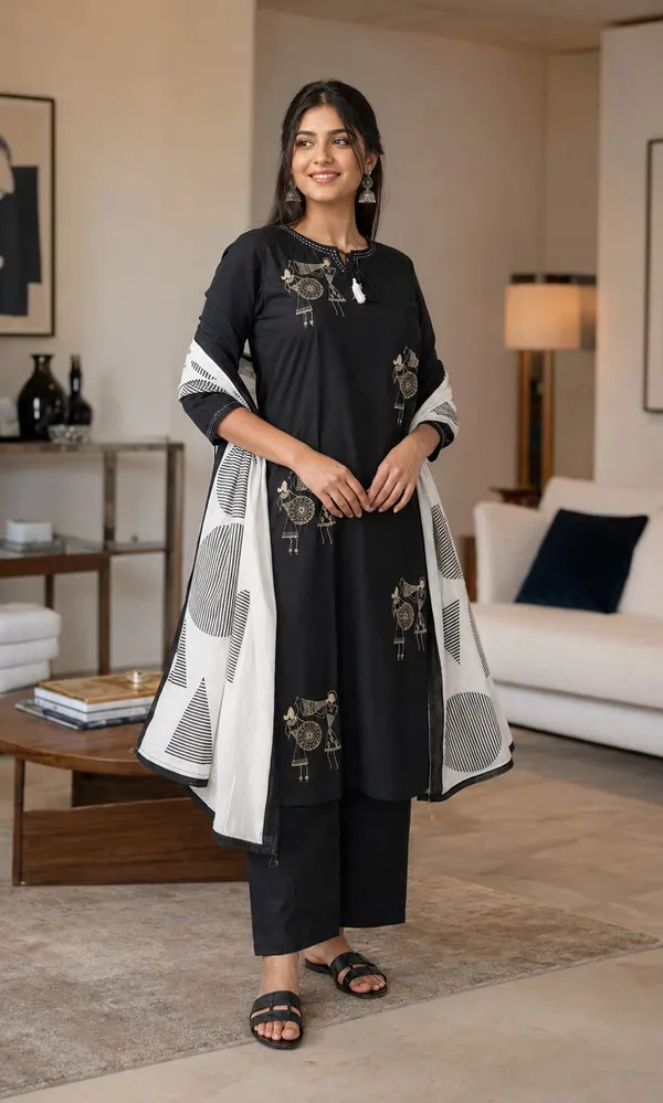Black_Cotton_Folk_Print_Straight_Kurti_Set_For_Women