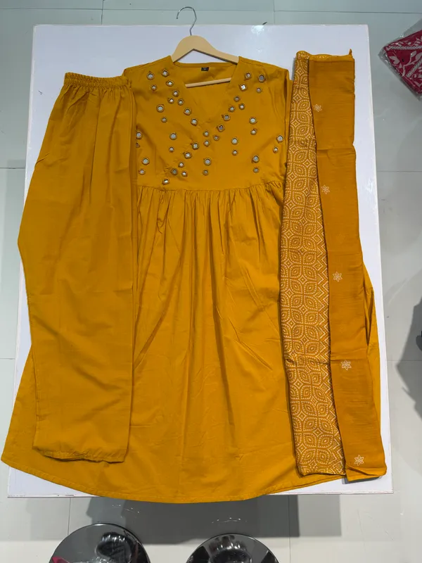 Mustard_Cotton_Flared_Anarkali_Embellished_Kurti_Set_For_Women