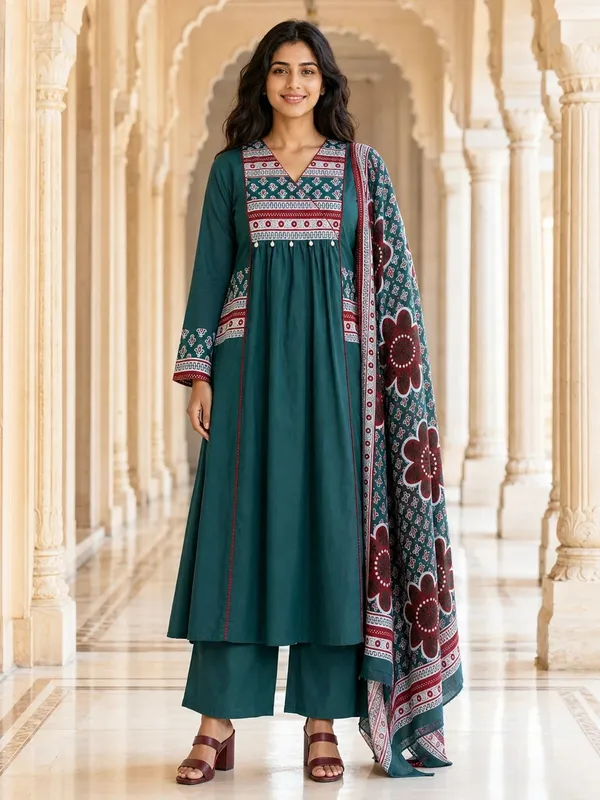 Teal_Cotton_Flared_Anarkali_Palazzo_Kurti_Set_For_Women