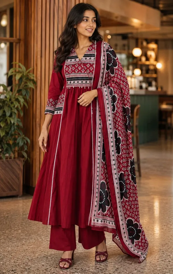Red_Cotton_Printed_Flared_Kurti_Set_For_Women
