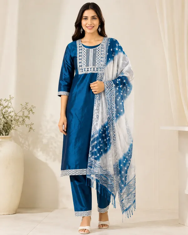 Blue_Silk_Straight_Printed_Kurta_Set_For_Women