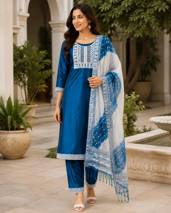 Blue_Silk_Straight_Printed_Kurta_Set_For_Women