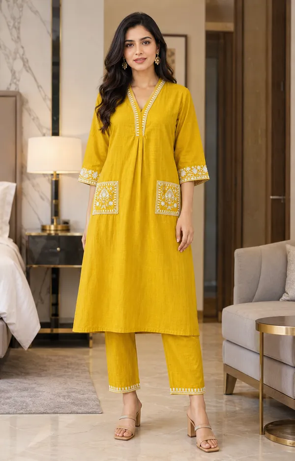 Yellow_Cotton_Straight_Embroidered_Kurta_Co-Ord_Set_For_Women