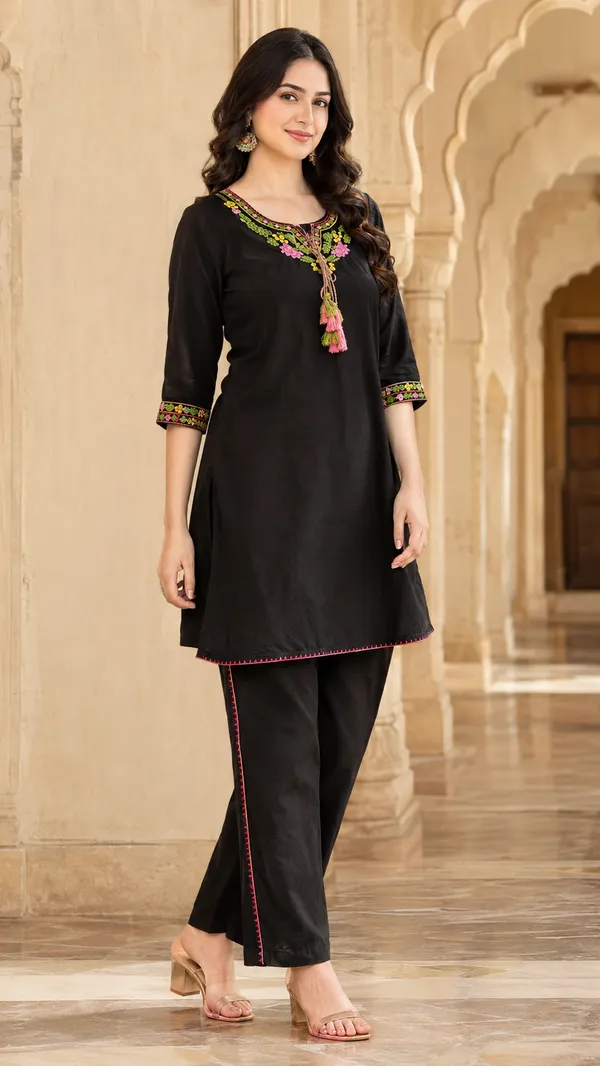 Black_Cotton_Straight_Embroidered_Kurta_Co-Ord_Set_For_Women