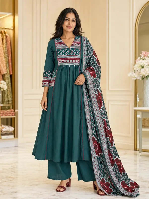 Teal_Cotton_Flared_Anarkali_Palazzo_Kurti_Set_For_Women