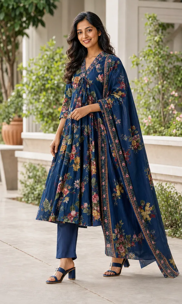 Blue_Cotton_Floral_Anarkali_Kurti_Set_For_Women