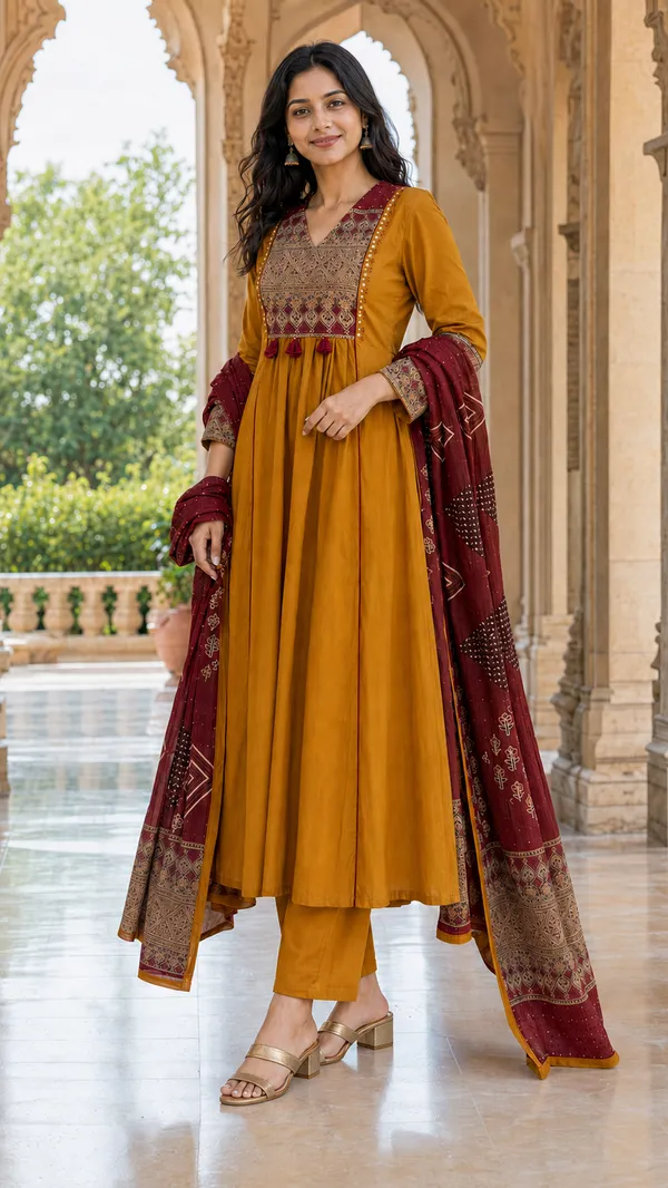 Mustard_Cotton_Flared_Anarkali_Kurti_Set_For_Women