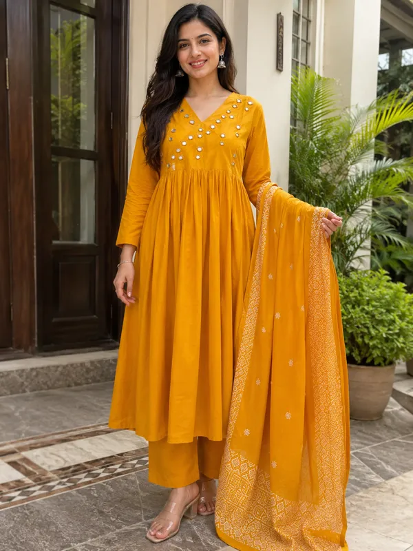 Mustard_Cotton_Flared_Anarkali_Embellished_Kurti_Set_For_Women