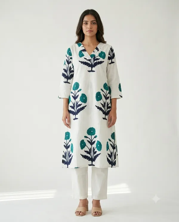White_&_Blue_Cotton_Botanical_Print_A-Line_Kurta_Co-Ord_Set_For_Women