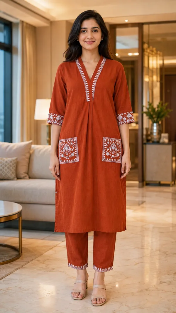 Rust_Cotton_Embroidered_Straight_Kurta_Co-Ord_Set_For_Women