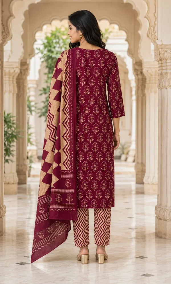 Maroon_Cotton_Block_Floral_Print_Straight_Kurti_Set_For_Women