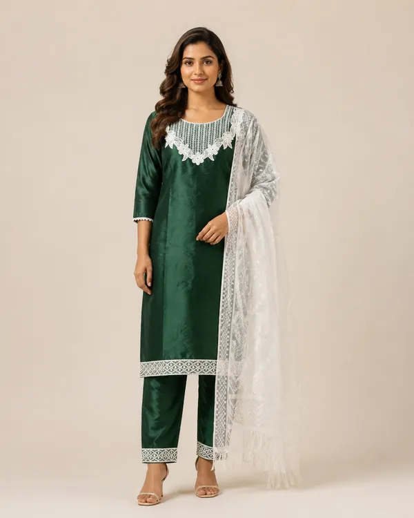 Bottle_Green_Silk_Straight_Embroidered_Kurta_Set_For_Women