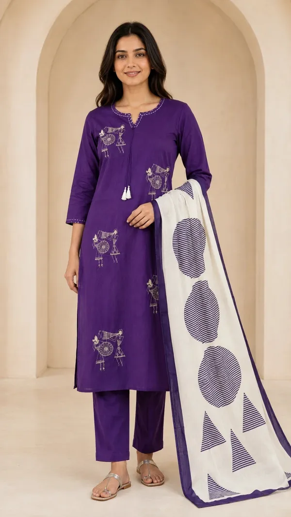 Purple_Cotton_Straight_Folk_Print_Kurti_Set_For_Women