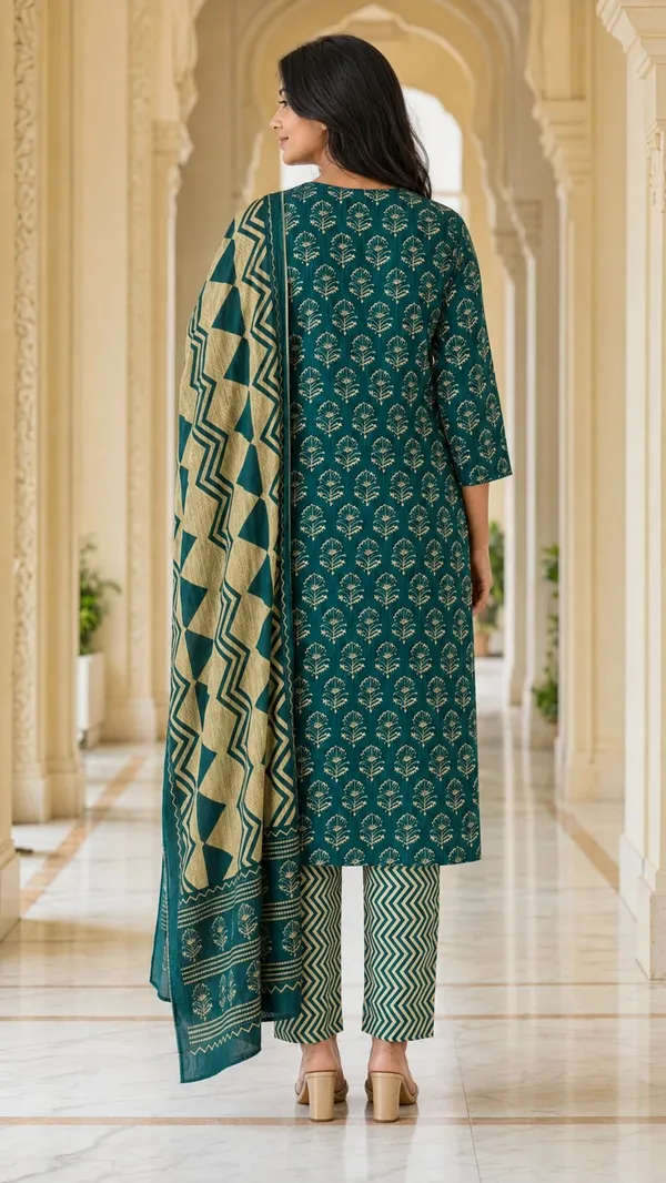 Teal_Cotton_Straight_Botanical_Print_Kurti_Set_For_Women
