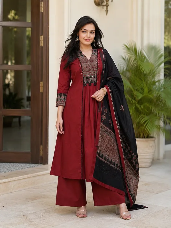 Maroon_Cotton_Printed_Flared_Kurta_Palazzo_Set_For_Women