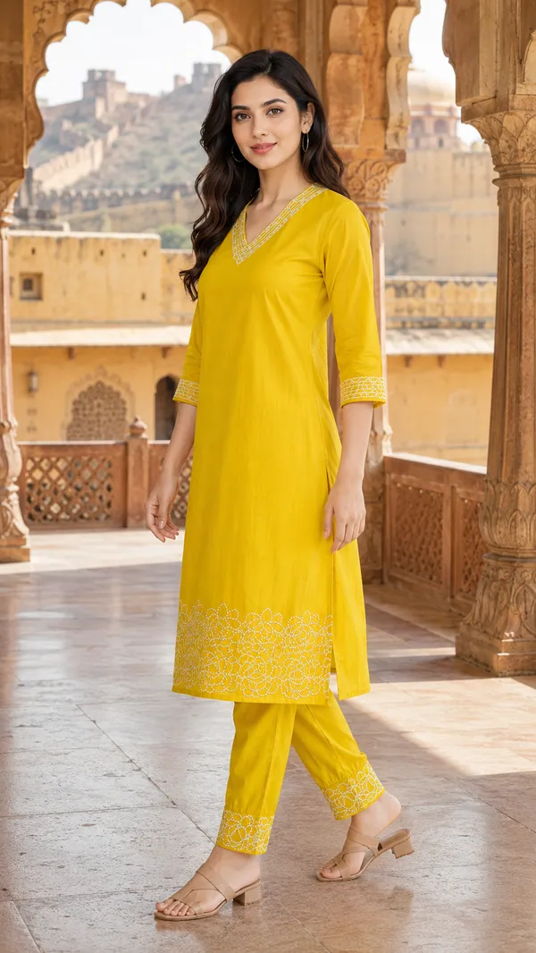 Yellow_Cotton_Straight_Embroidered_Kurta_Co-Ord_Set_For_Women