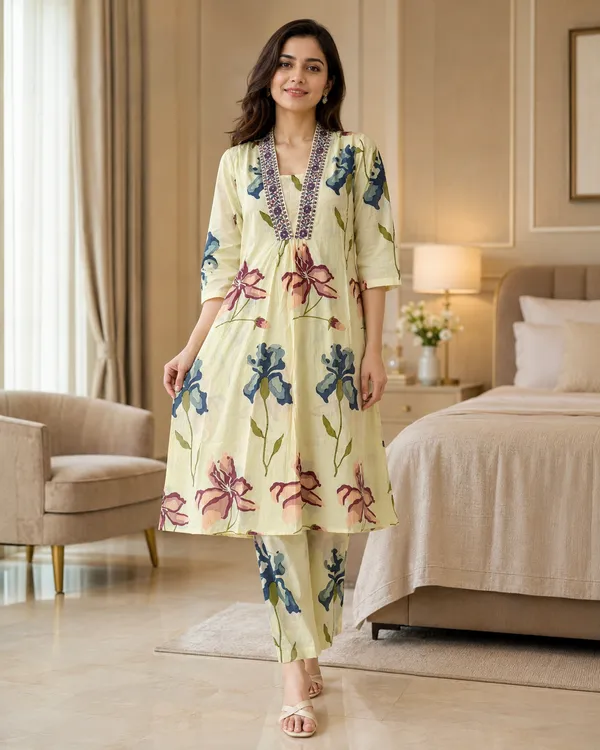Yellow_Cotton_Floral_Print_Straight_Kurti_Set_For_Women