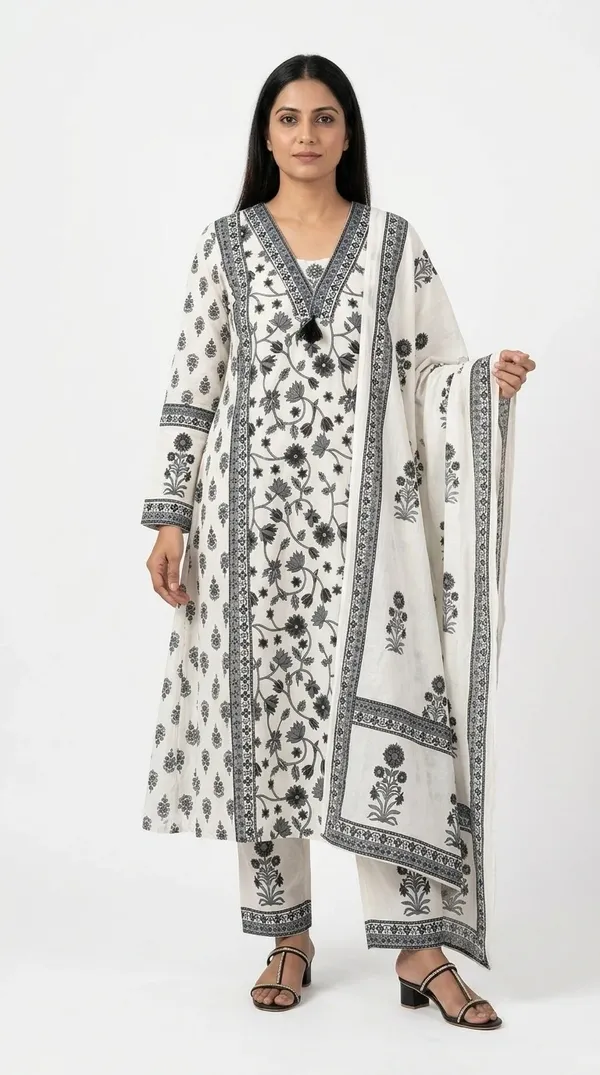 Black_Cotton_Floral_Print_Straight_Kurti_Set_For_Women