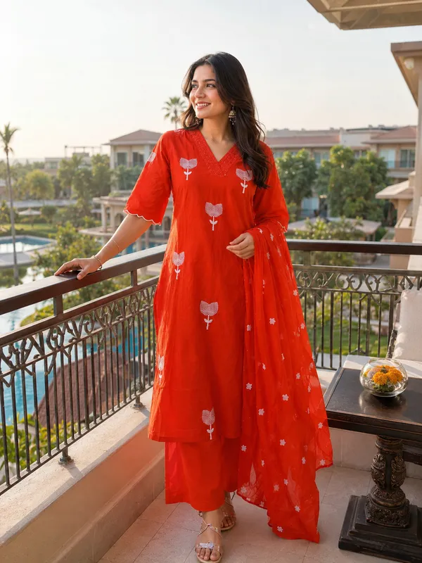 Orange_Cotton_Floral_Print_Straight_Kurti_Set_For_Women