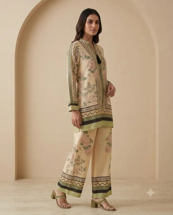 Beige_Cotton_Straight_Floral_Print_Kurta_Co-Ord_Set_For_Women
