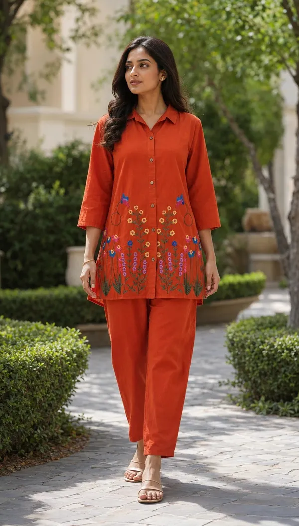 Orange_Cotton_Straight_Embroidered_Shirt_Co-Ord_Set_For_Women