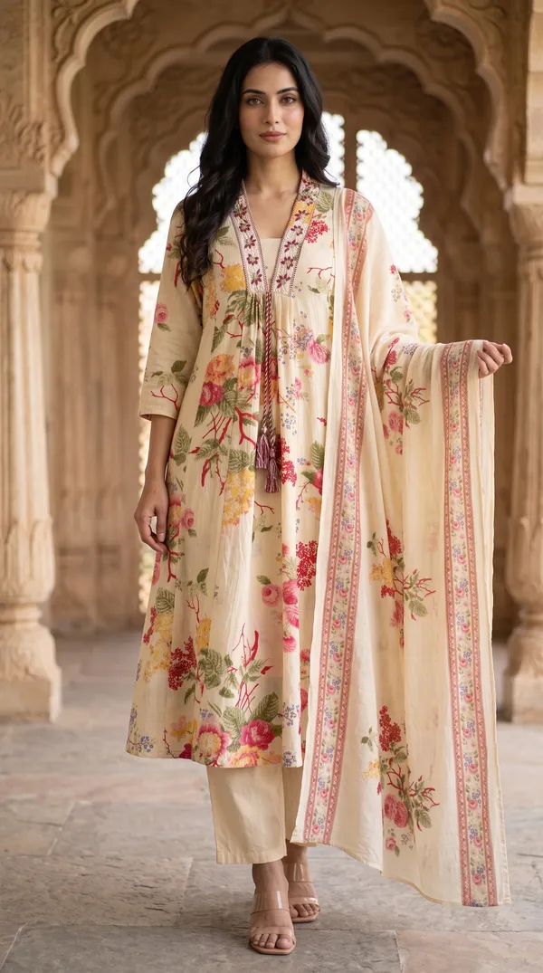 Cream_Cotton_Floral_Print_Straight_Kurti_Set_For_Women