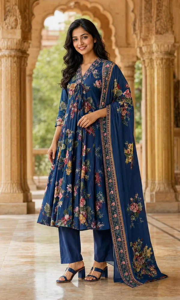 Blue_Cotton_Floral_Anarkali_Kurti_Set_For_Women
