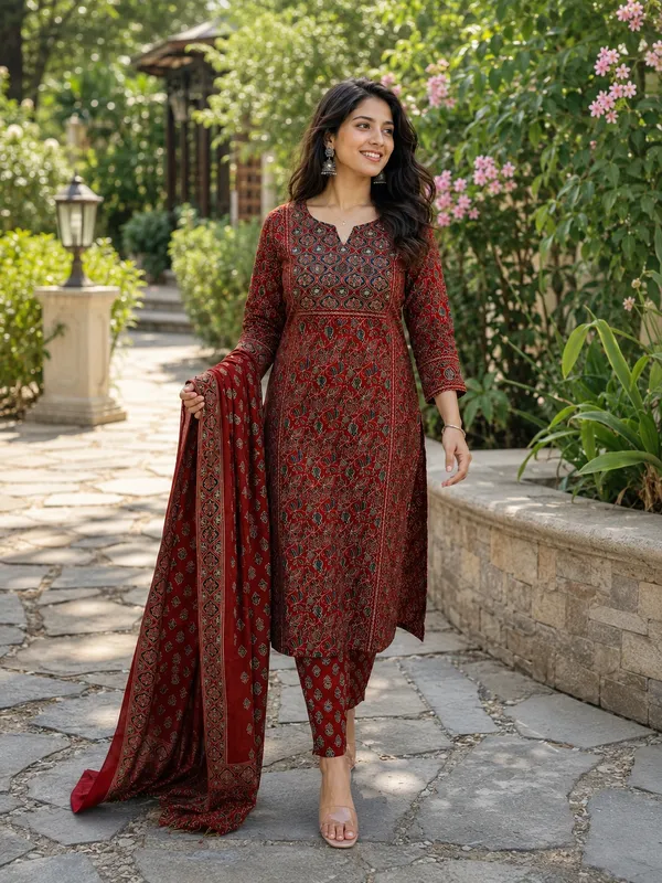 Red_Cotton_Straight_Printed_Kurti_Set_For_Women