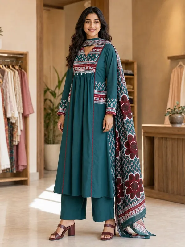 Teal_Cotton_Flared_Anarkali_Palazzo_Kurti_Set_For_Women