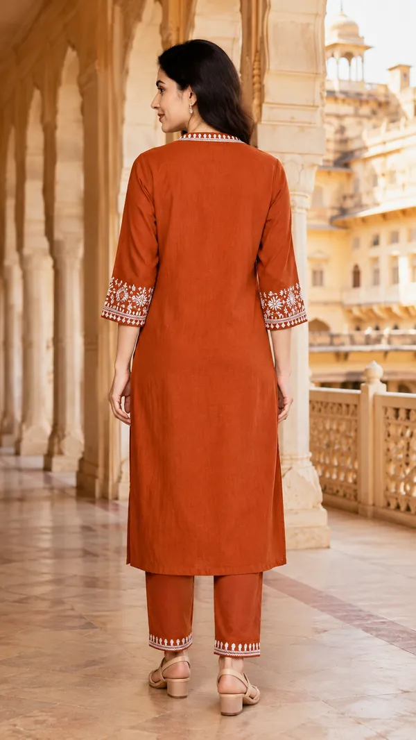 Rust_Cotton_Embroidered_Straight_Kurta_Co-Ord_Set_For_Women