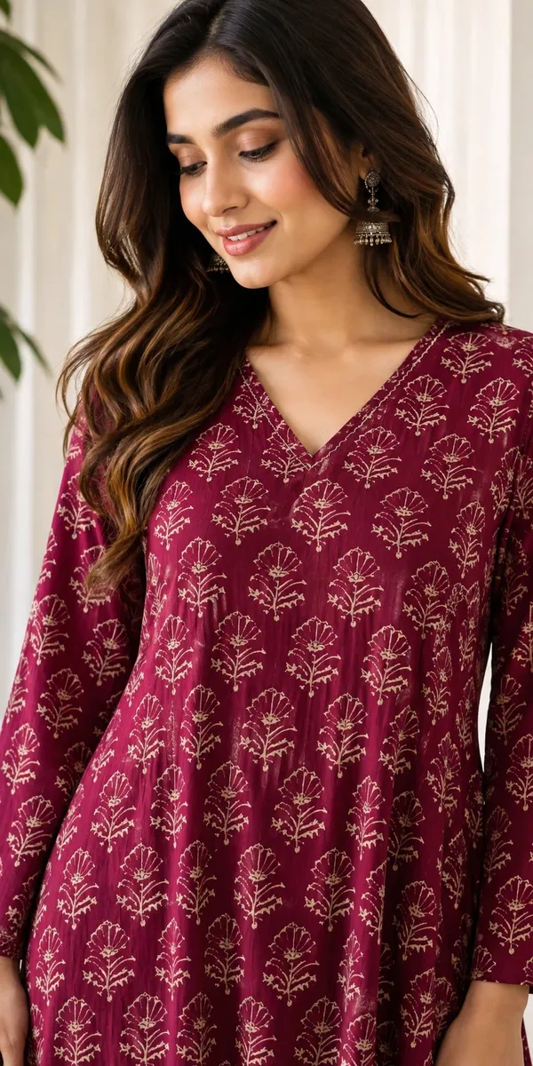 Maroon_Cotton_Block_Floral_Print_Straight_Kurti_Set_For_Women