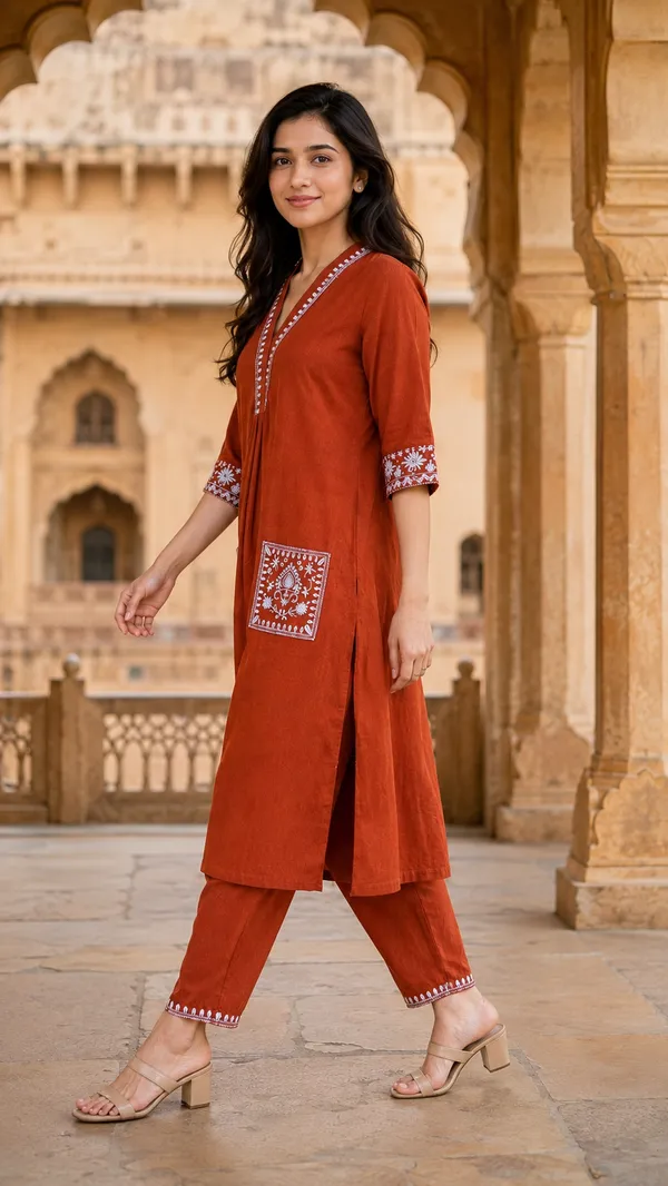 Rust_Cotton_Embroidered_Straight_Kurta_Co-Ord_Set_For_Women