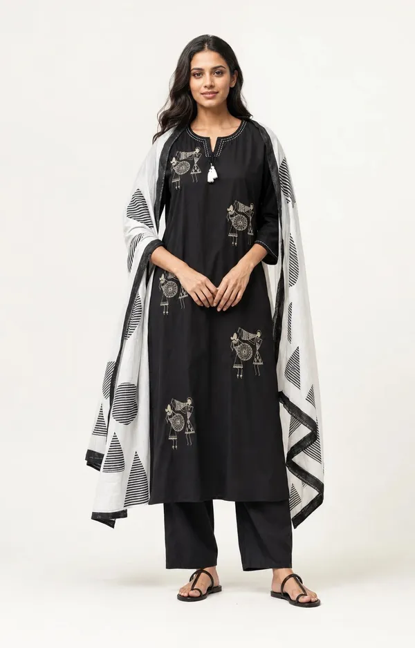 Black_Cotton_Folk_Print_Straight_Kurti_Set_For_Women