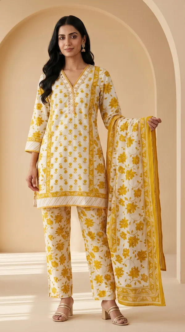 Yellow_Cotton_Straight_Floral_Print_Kurti_Set_For_Women