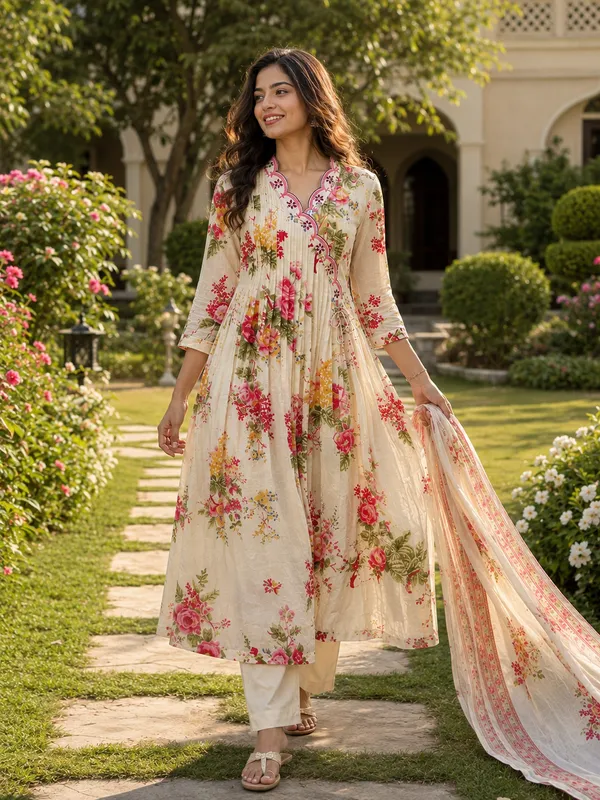 Cream_Cotton_Straight_Floral_Print_Kurti_Set_For_Women