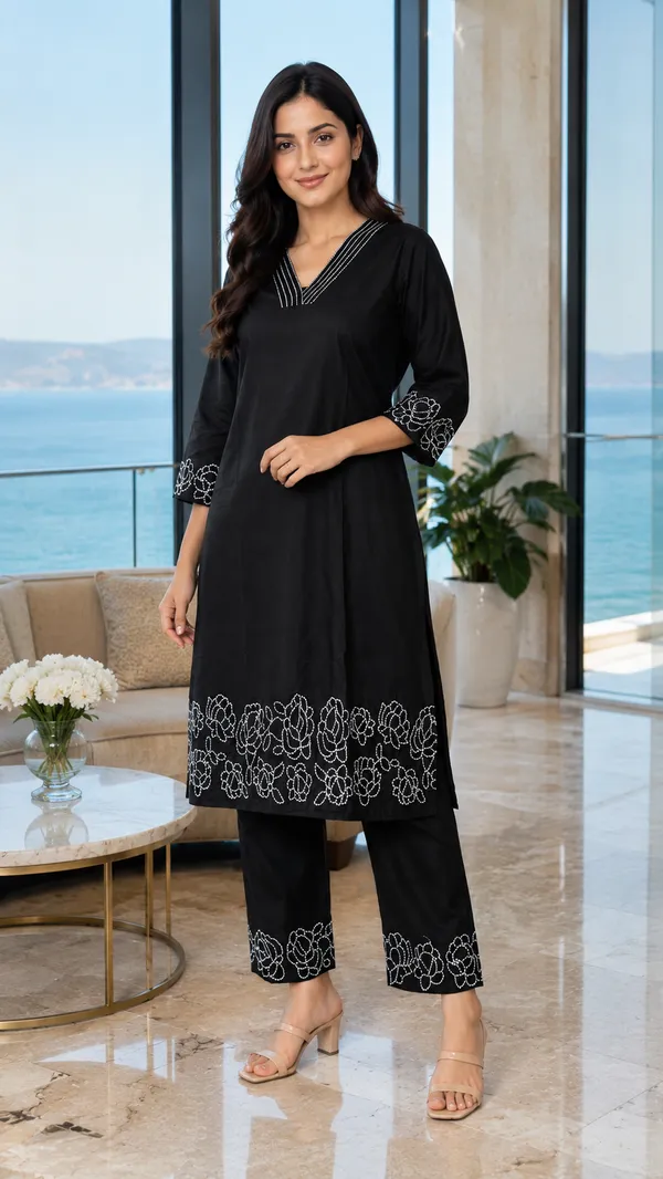 Black_Cotton_Straight_Embroidered_Kurta_Co-Ord_Set_For_Women