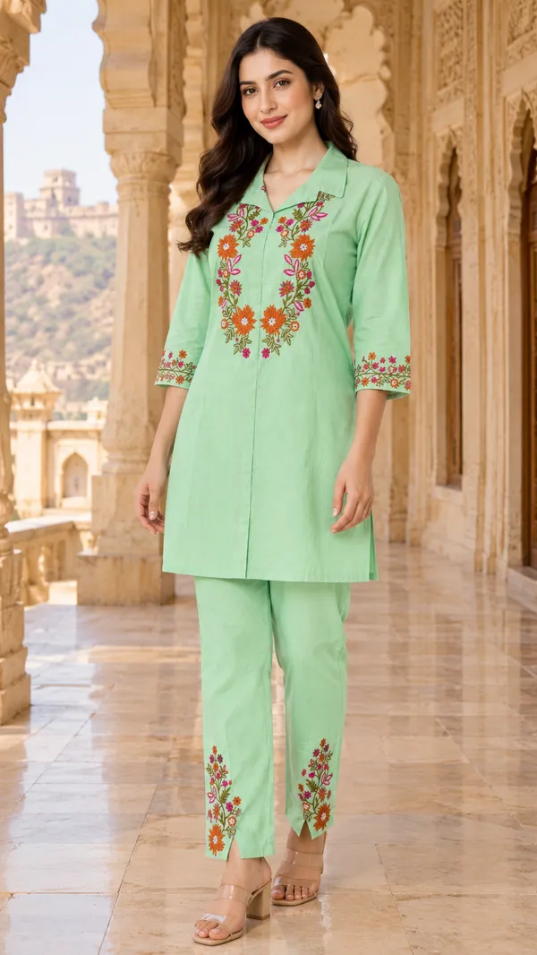 Mint_Green_Cotton_Straight_Floral_Embroidered_Kurta_Co-Ord_Set_For_Women
