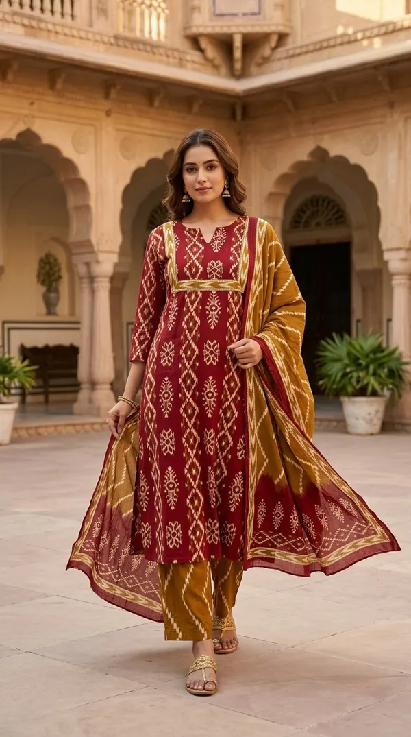 Maroon_Cotton_Straight_Printed_Kurti_Set_For_Women