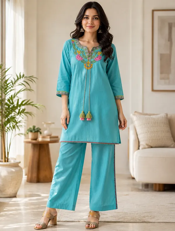 Turquoise_Cotton_Straight_Embroidered_Kurta_Palazzo_Set_For_Women