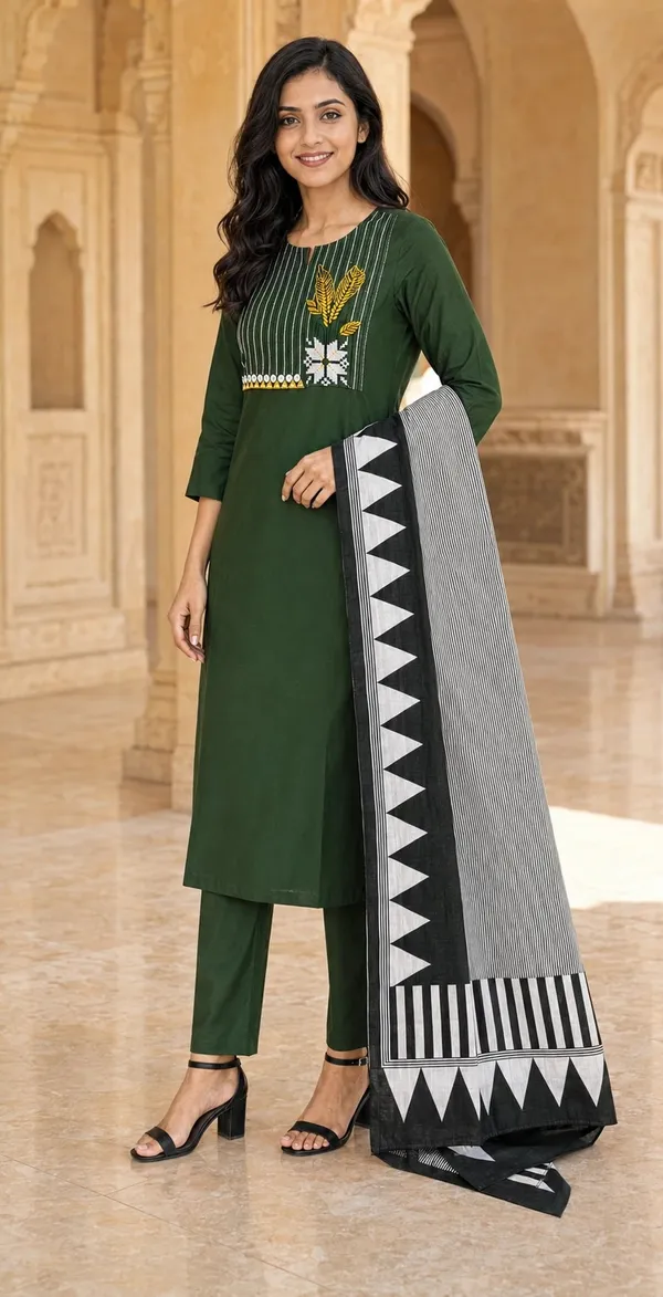 Green_Cotton_Straight_Embroidered_Kurti_Set_For_Women