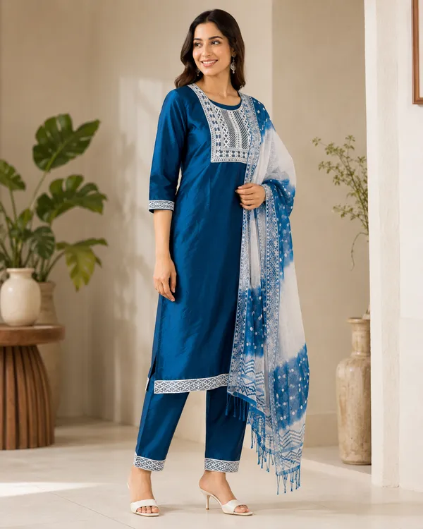 Blue_Silk_Straight_Printed_Kurta_Set_For_Women
