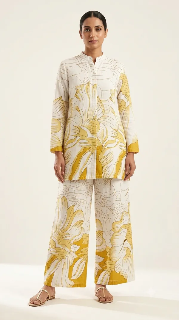 White_&_Yellow_Cotton_Floral_Print_Straight_Co-Ord_Set_For_Women