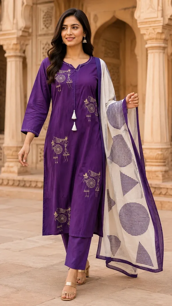 Purple_Cotton_Straight_Folk_Print_Kurti_Set_For_Women
