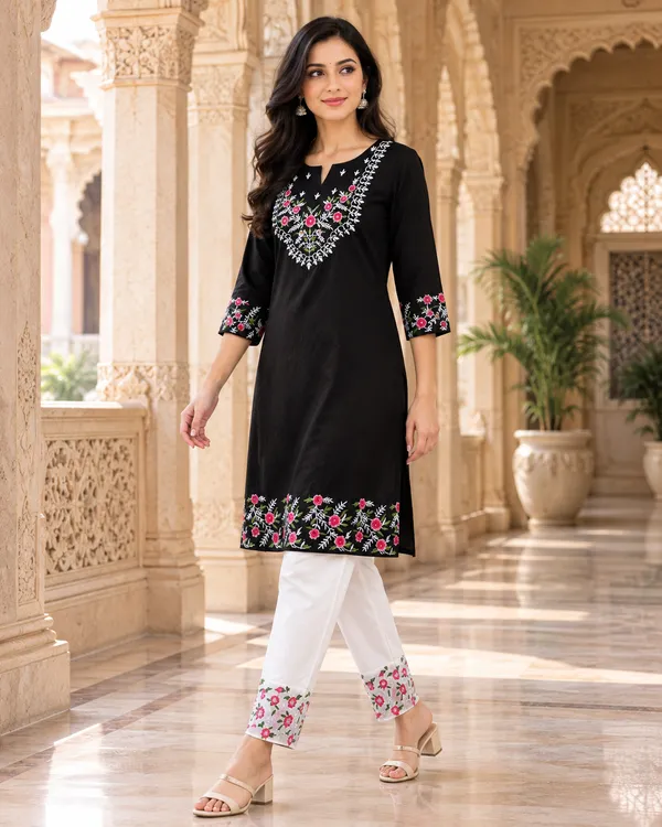 Black_Cotton_Straight_Embroidered_Kurta_Co-Ord_Set_For_Women